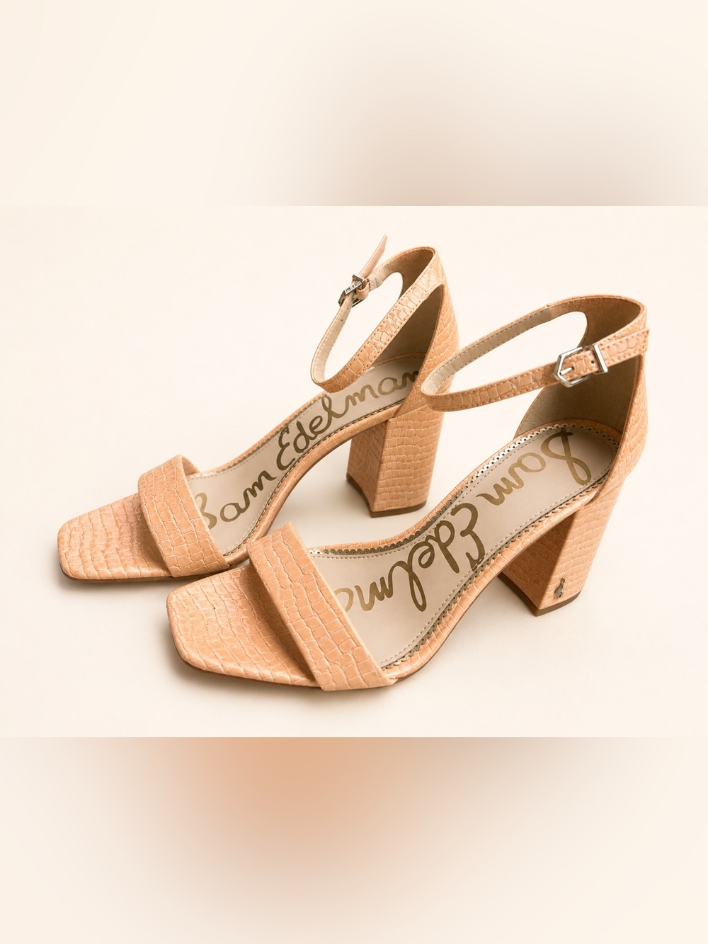 Sam Edelman Daniella Block Heel Sandals Peach Croc-Embossed Sz 8.5 Medium Dressy